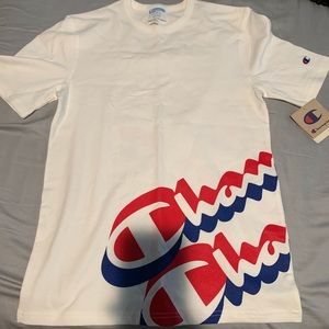 White/ little bit of red or blue champion shirt.